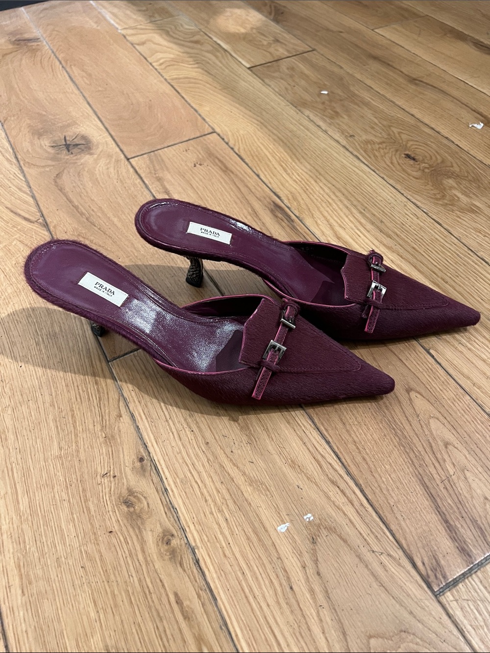 Prada Burgundy Pointed Toe Mule Heels with Buckle Detail
